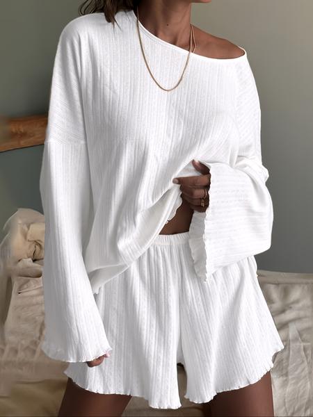 Women's Solid Color Long Sleeve T-Shirt and Shorts Loungewear Set, Comfortable Sleepwear for All Seasons, Homewear and Pjs for Women