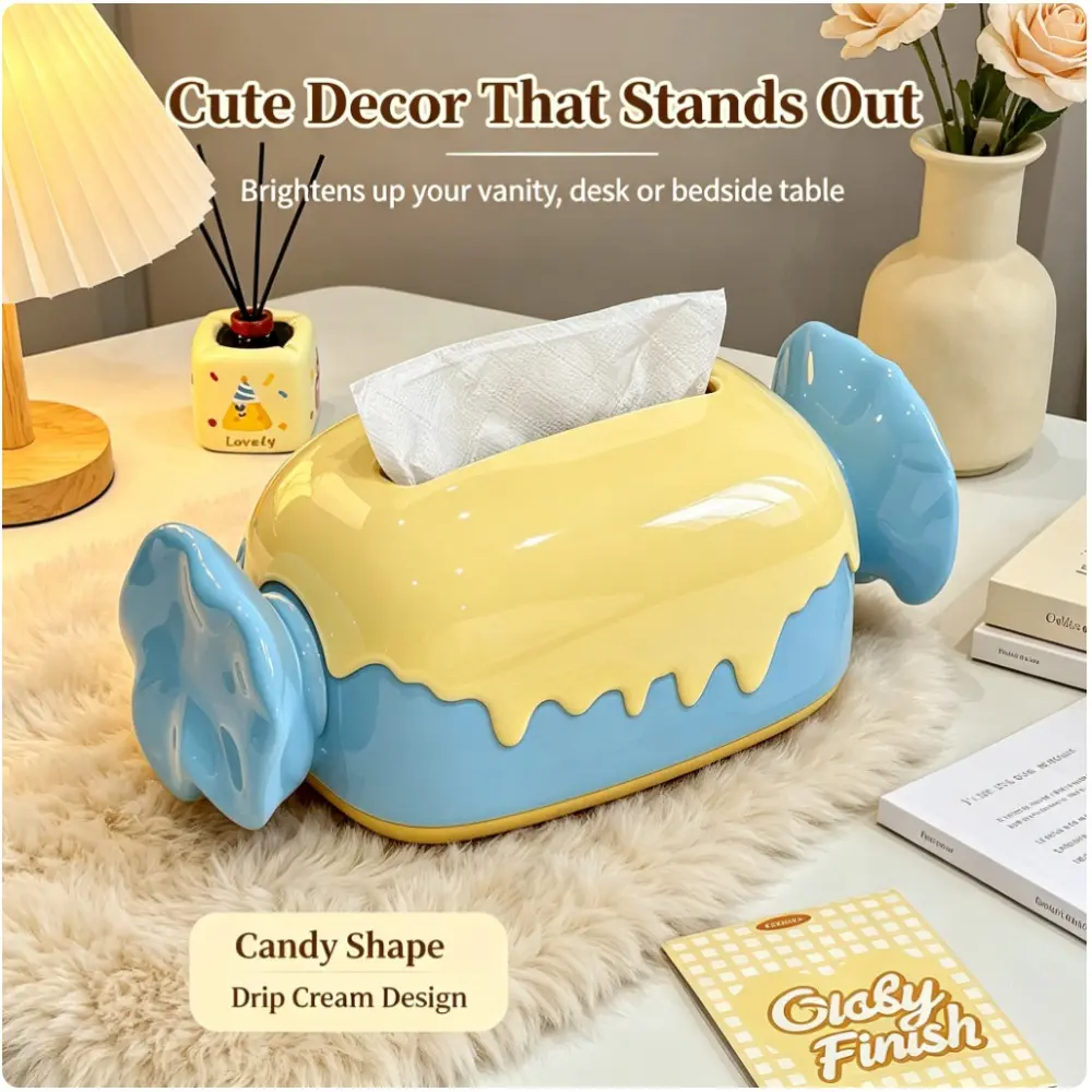 Creative candy tissue box with bottom spring design for easy removal. Suitable for bathrooms, living rooms, and bedrooms. Desktop tissue box.