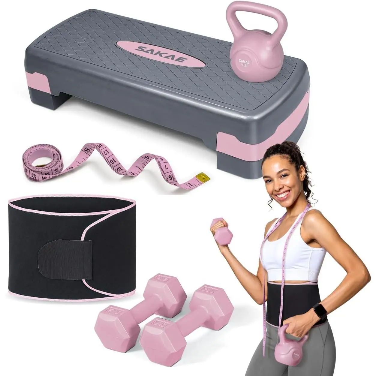 Adjustable Height Aerobic Stepper Set, Multiple Bundle Options with Dumbbells, Kettlebell, Waist Trimmer, Ankle Weights or Weighted Vest, Workout Exercise Step Platform w/Level Risers, 4 ColorsGift