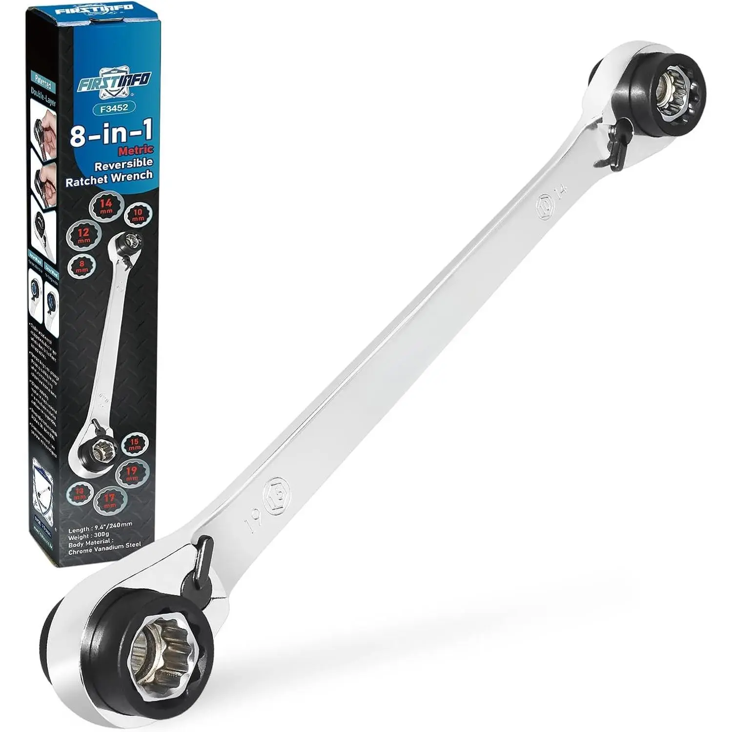 8-in-1 Reversible Ratcheting Box Wrench, 90-, Metric 8-19 mm | 12-point profile • CR-V steel • Polished chrome finish • Adapter-free size change • -layer socket design