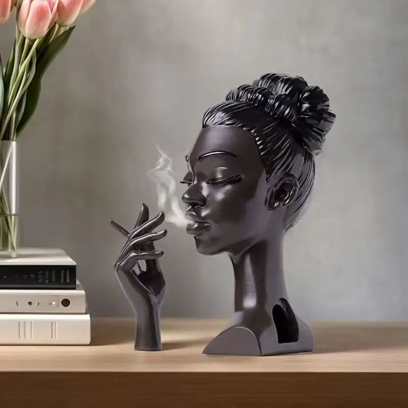 African Woman in Black Ornamental Figurine Aromatherapy Burner - Glamour Home Decor, Desktop Smoking Statue, Trendy Home Supplies Gift Idea