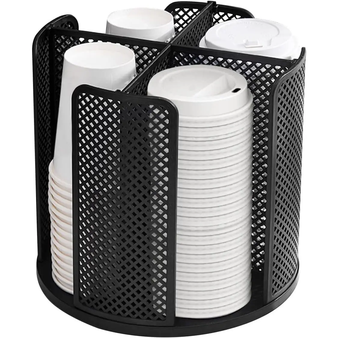 Cup and Lid Organizer Cup Dispenser Coffee Cup Organizer Paper Cup Holder Rotating for Bathroom, Restaurant, Break Room, Coffee Station, Bar, Buffet, Kitchen Cabinet, Countertop,4 Compartment