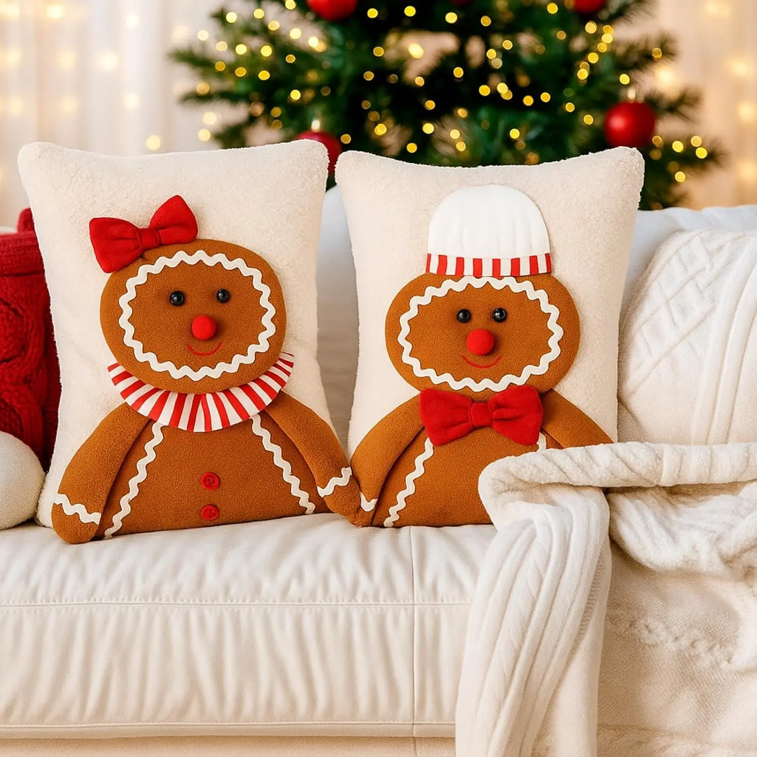 Mindsoft 2 Pcs Christmas Gingerbread Man Pillow 3D Plush Pillow 11x15 Inch | Soft Stuffed Throw Cushions for Sofa, Festive Gingerbread Design with Red Bow, Ideal for Living Room Bedroom Xmas Decor