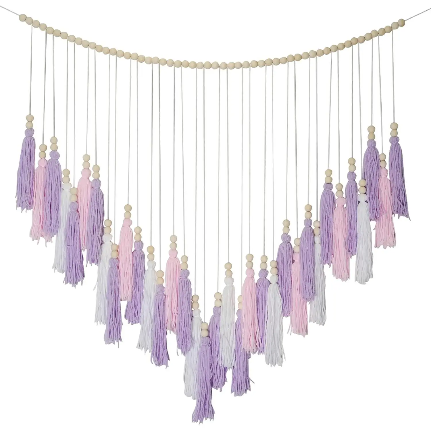 Cotton Pink & Purple Macrame Hanging Tapestry - Boho Christmas Wall Décor with Large Tassel & Wood Beads, Gift for Bedroom Girls Room, 41" W x 32" H Garland Wall Art