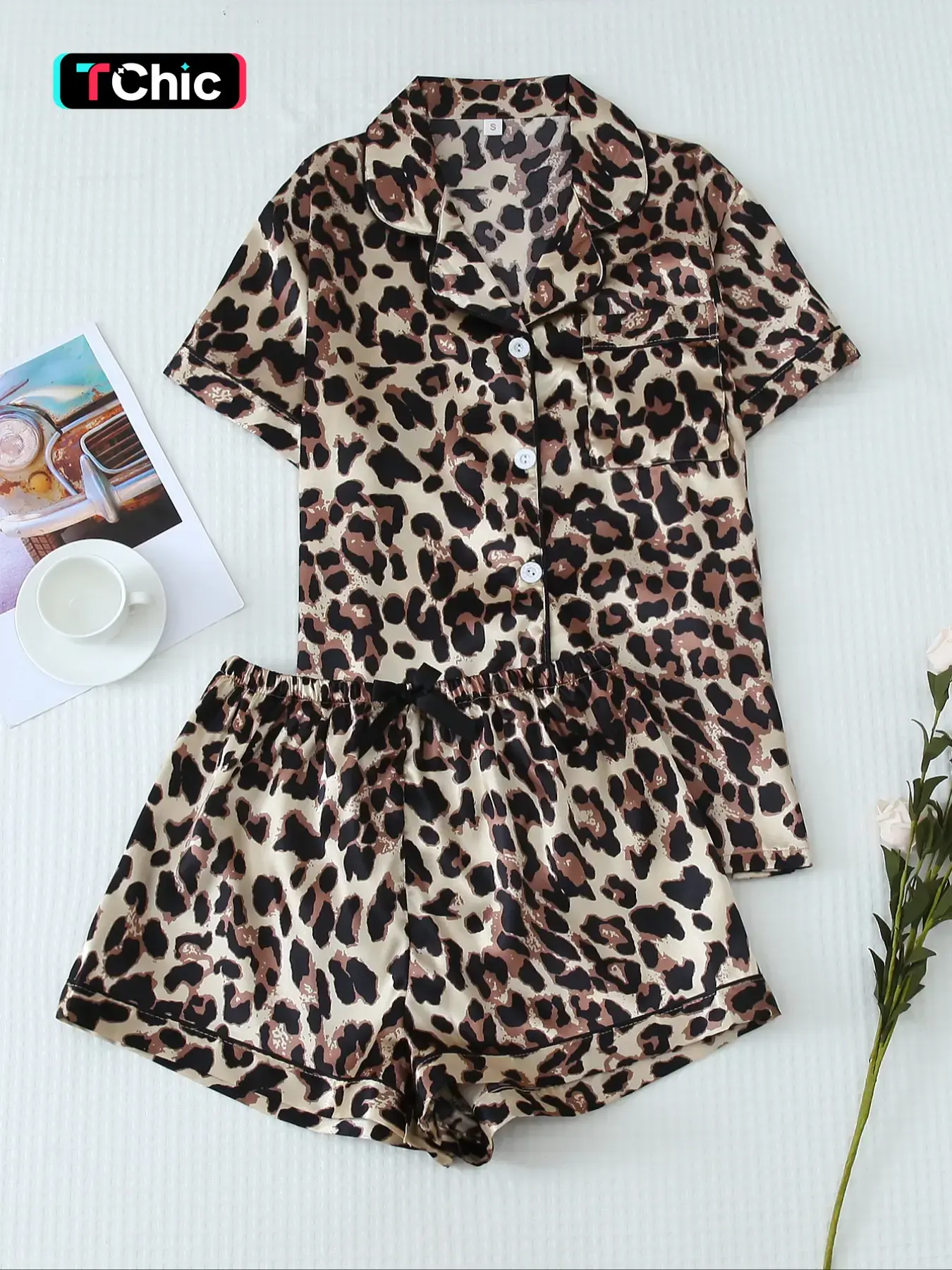 Women's Leopard Print Satin Pyjama Set, Nightwear Outfit, Casual Comfy Short Sleeve Pocket Shirt & Elastic Waist Shorts PJ Set, Ladies Summer Sleepwear Loungewear Pajamas