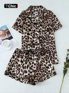 Women's Leopard Print Satin Pyjama Set, Casual Comfy Short Sleeve Pocket Shirt & Elastic Waist Shorts PJ Set, Ladies Summer Sleepwear