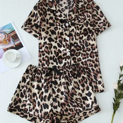 Women's Casual Leopard Print Satin Pajama Set, Short Sleeve Pocket Shirt and Elastic Waist Shorts, PJ Set, Ladies Summer Sleepwear and Loungewear, Shorts Sleepwear Sets