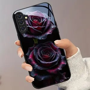 Tempered Glass Smartphone Case with Lens Protection, Anti-Scratch, Portable Creative Design for Samsung S26 S25 S24 S23 S22Pro S21 S20 Fe Plus Ultra Pro A56-A03s - Blush Burgundy Rose Handheld Cellphone Devices Accessories