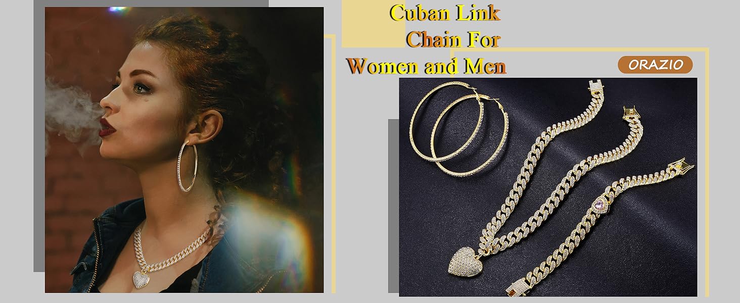 ORAZIO Cuban Link Chain Jewelry Set Cuban Chain Necklace Cuban Link Bracelet Rhinestone Hoop Earrings Gold/Silver Iced Out Chain Heart CZ Clear Cuban Link Chain Big Circle Earrings Hip Hop Cuban Link Chain For Women