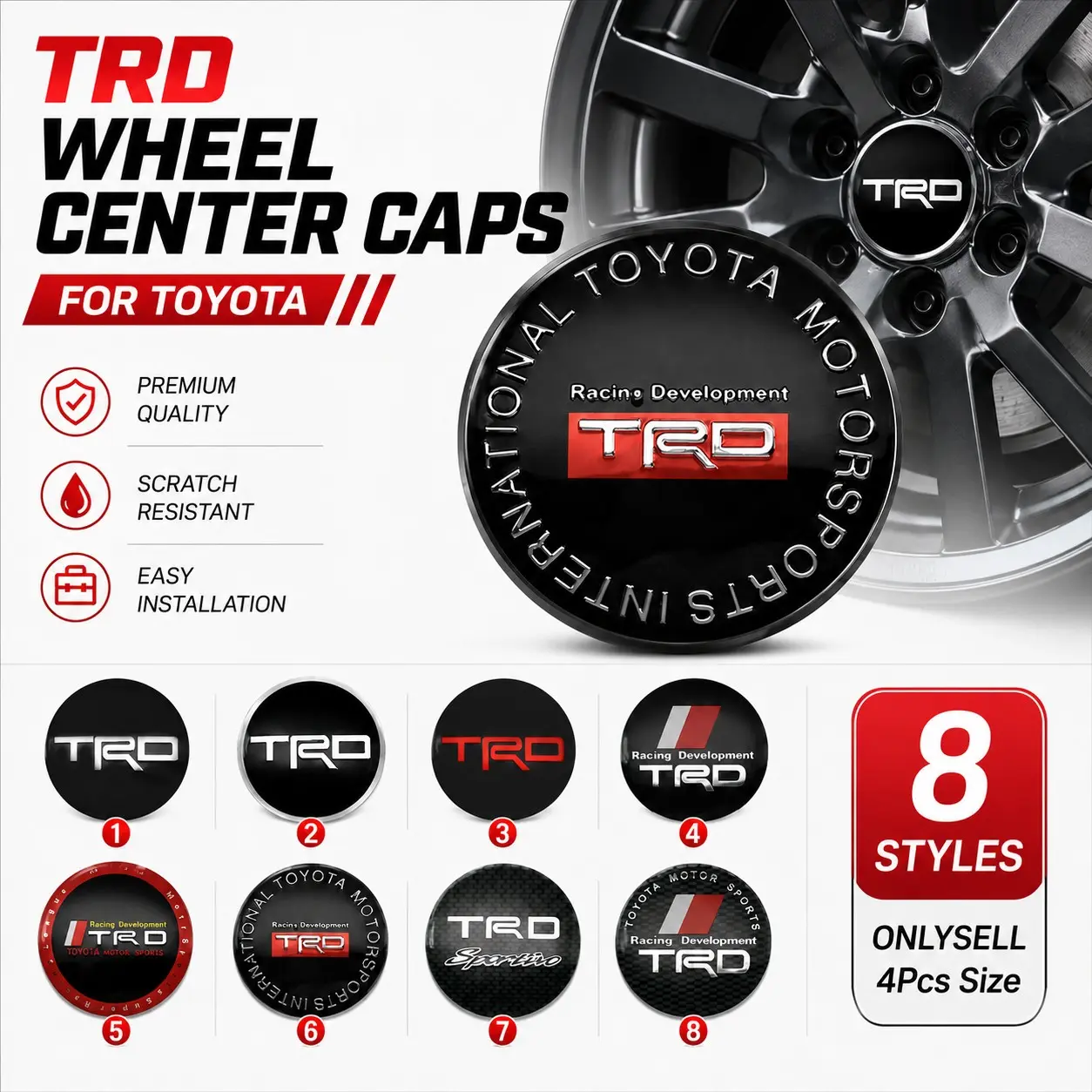 Car 4Pcs 56mm TRD Wheel Center Hub Cap Stickers Durable Waterproof Fade Resistant PVC Self Adhesive Carbon Fiber Style Racing Car Styling Accessories Easy Install Auto Exterior Decoration, Automotive Decorative Accessory, for Most Sedan SUV Truck