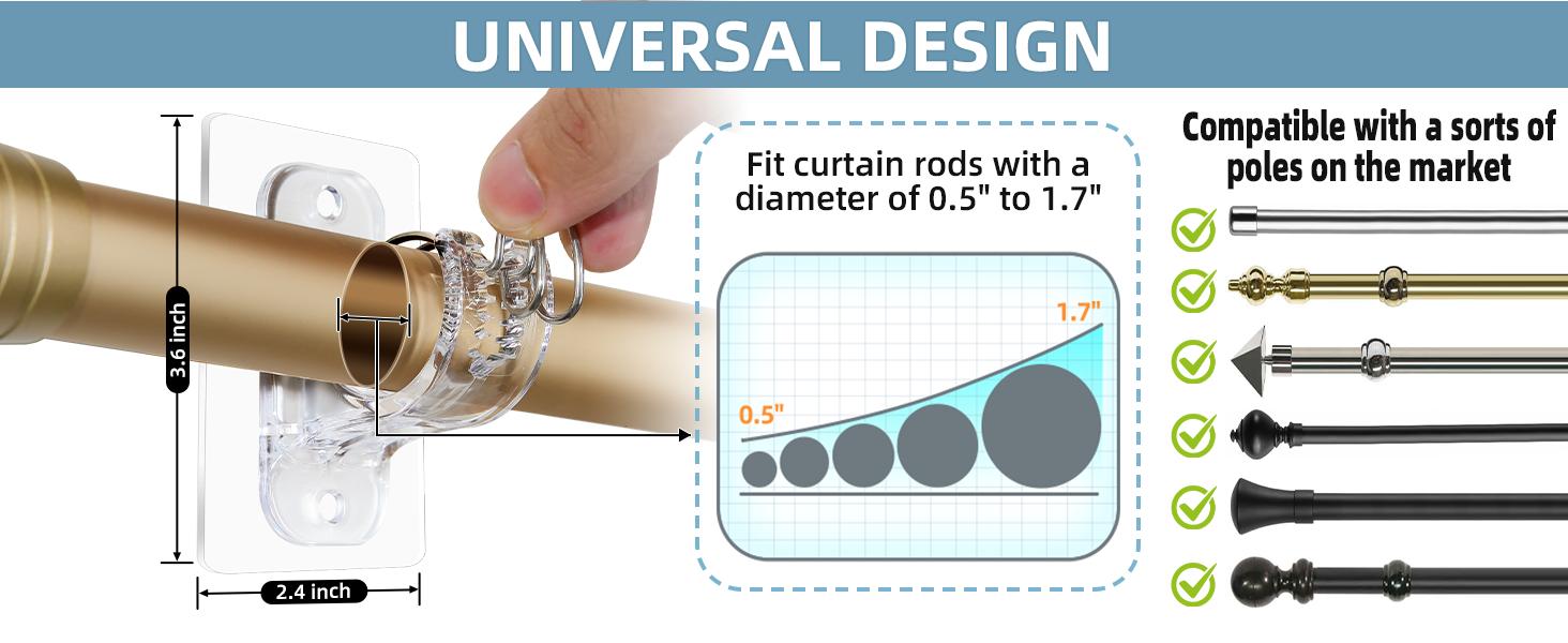 No Rod Bracket Holders, (8 Pack) Self, No-Nail Stick on Wall Rod Hangers for Bedroom and Livingroom