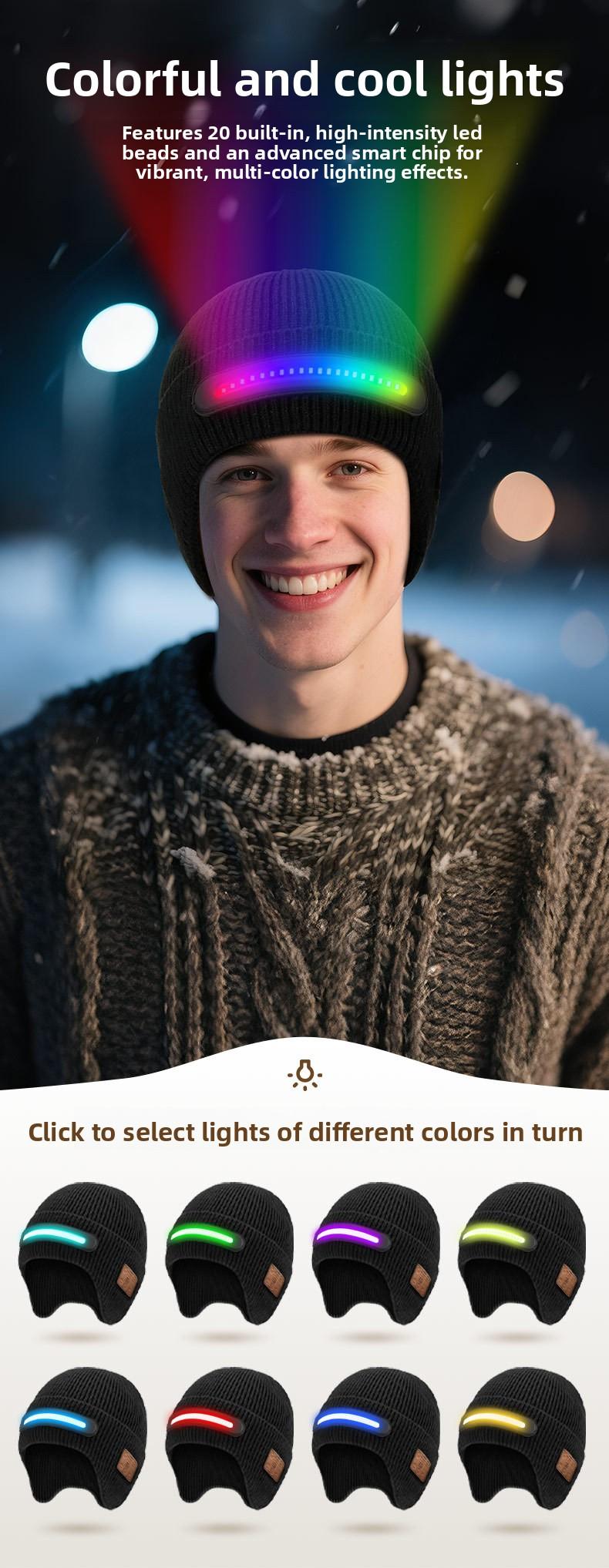 New USB Charging Light-Up Bluetooth Headphone Hat Outdoor Warm Knitted Ear Protection Hat Wireless Music Colorful Light Design Unisex Fashionable Casual Flashlight Hat for Christmas Holidays