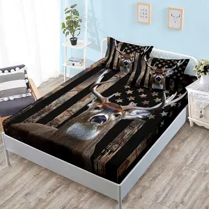 Deer Hunting Camo Bedding Set, American Flag Hunter Fitted Sheet Set Twin Size, for Adult Teen Boy Bedroom Decor, Comes with 1 Fitted Sheet + 2 Pillowcases