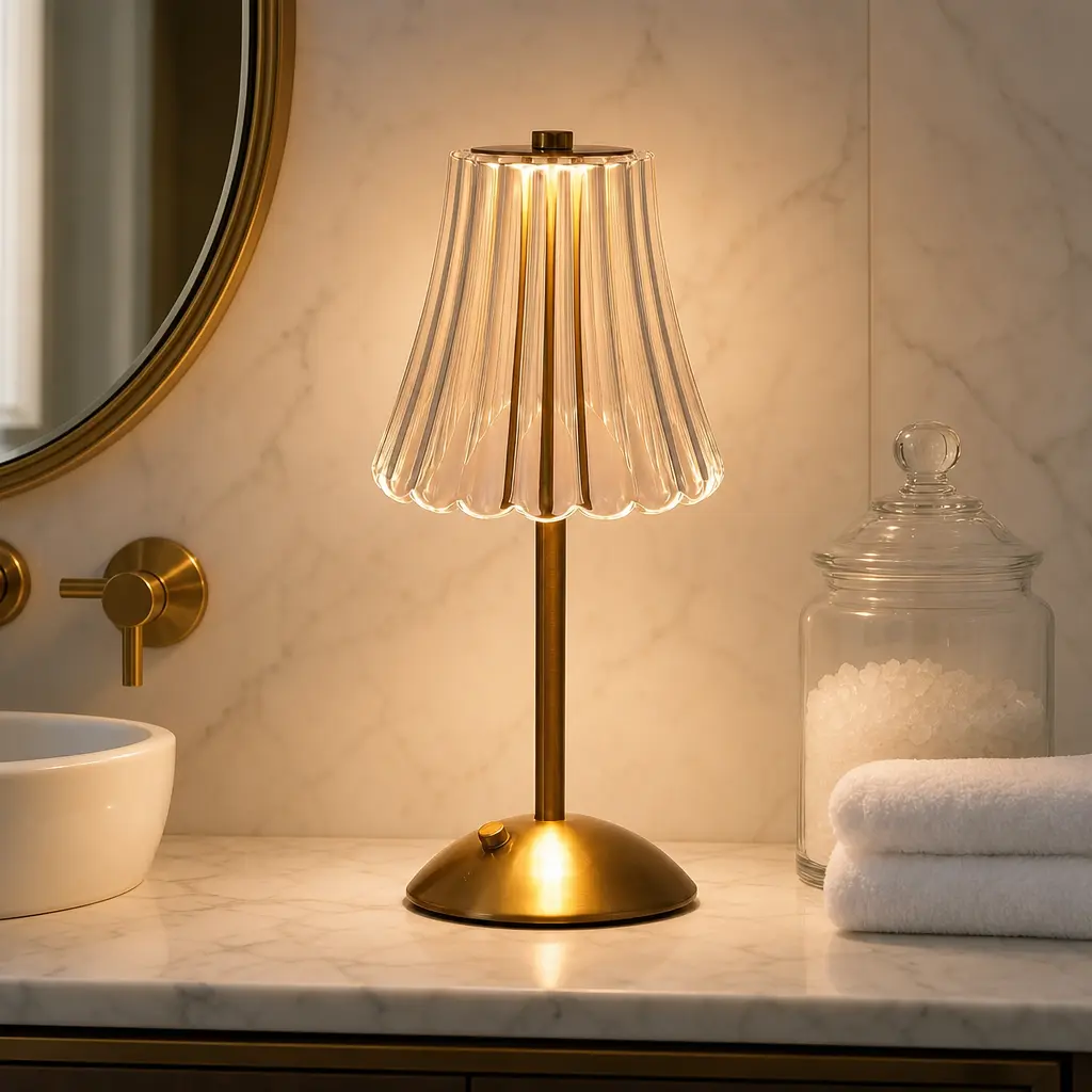 Wireless Luxury Spa Flower LED Table Lamp - 3500mAh Rechargeable Brass Gold Touch Device, 3 Color Modes Dimmable USB Port, Cordless Waterproof Bathroom/Dining Table Lamp, Portable Home Improvement Accessory, Led Lights, Table Lamps