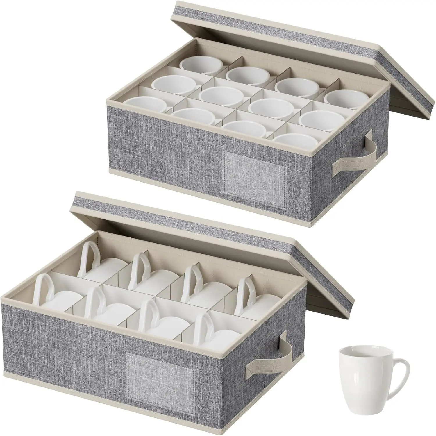 2 Pcs Coffee Mug Storage Box with Dividers, Stackable Cationic Hard Shell Stemware Containers with 24 Cells, Foldable Dustproof China Containers for Moving, Light Grey, 39 x33x14cm