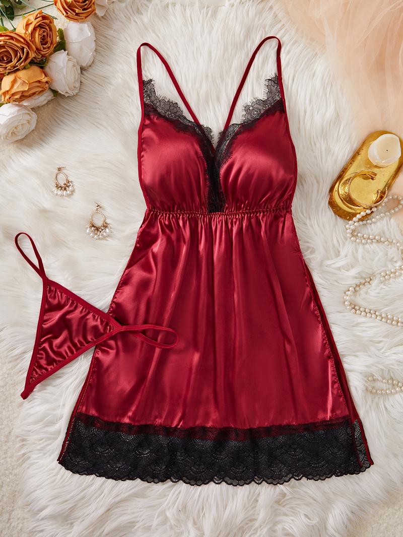 Women's Solid Color Lace Trim Split Hem V Neck Satin Nightdress & Thong Sexy Lingerie Set, Sexy Comfy Adjustable Spaghetti Strap Criss Cross Backless Nighty Dress & Panty Set, Ladies Sleepwear for All Seasons, Loungewear