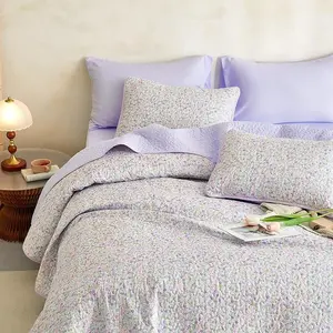 Marshmallow Comforter Floral Bedding Sets, Reversible Lightweight Cottagecore Duvet Cover 3 Piece Organic Cotton Cooling Blanket Queen Full Size Throw Blanket Included