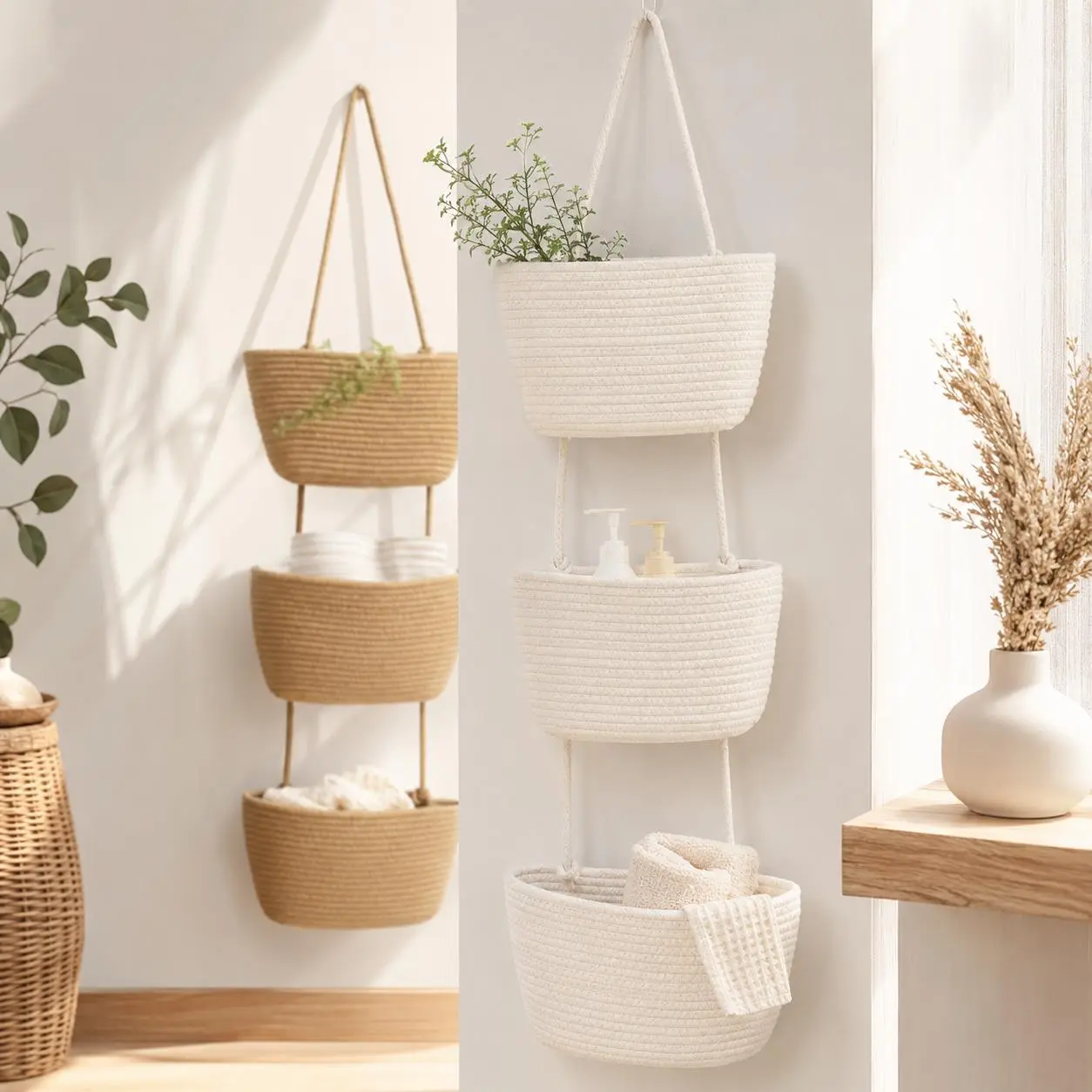 R4 3-Tier Handwoven Cotton Rope Hanging Storage Basket - Bathroom Organizer with 3 Large Pockets, Space-Saving Wall Organizer for Bedroom, Entryway, Towels, Toiletries & Home Decor