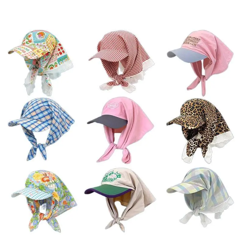 Korean Farmhouse Style Tie Bandana Headscarf Hat for Women, Summer UV Protection Flap Baseball Cap, Plaid Floral Neck Cover Sun Hat, Lightweight Outdoor Visor Cap for Travel & Daily Wear