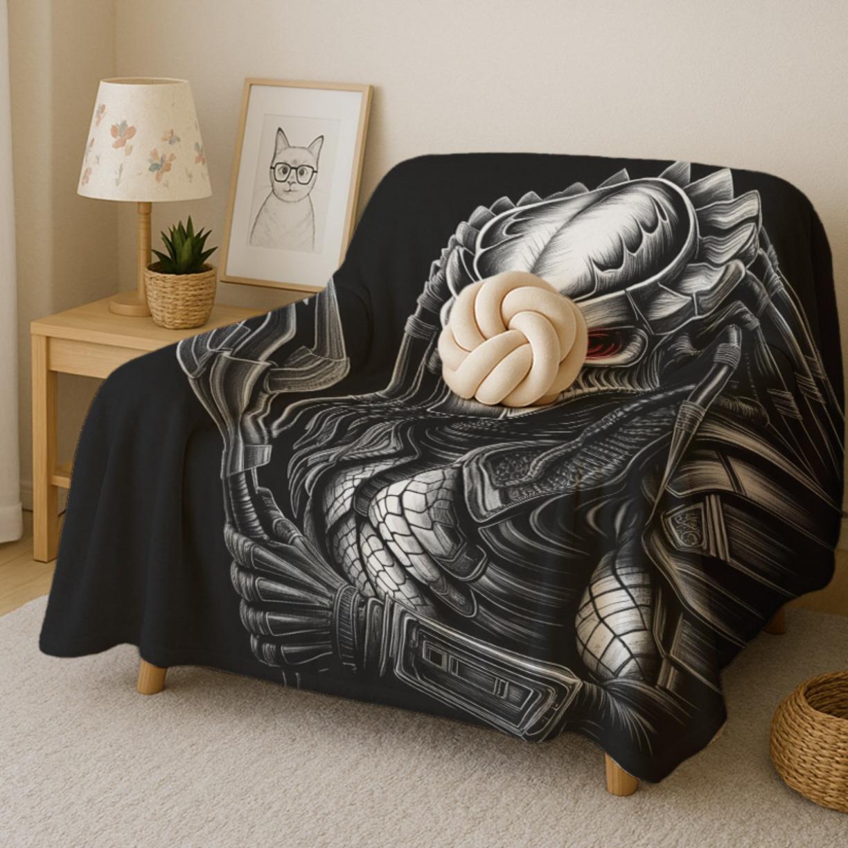 Predator Design Throw Blanket - Soft Lightweight Acrylic Sofa Cover with Red Eye Detail, Durable Black & White Artistic Design  - Perfect Sci-Fi Gift for Fans, All-Season Cozy Blanket, Sofa Throw, Sci-Fi Theme, Intricate Patterns