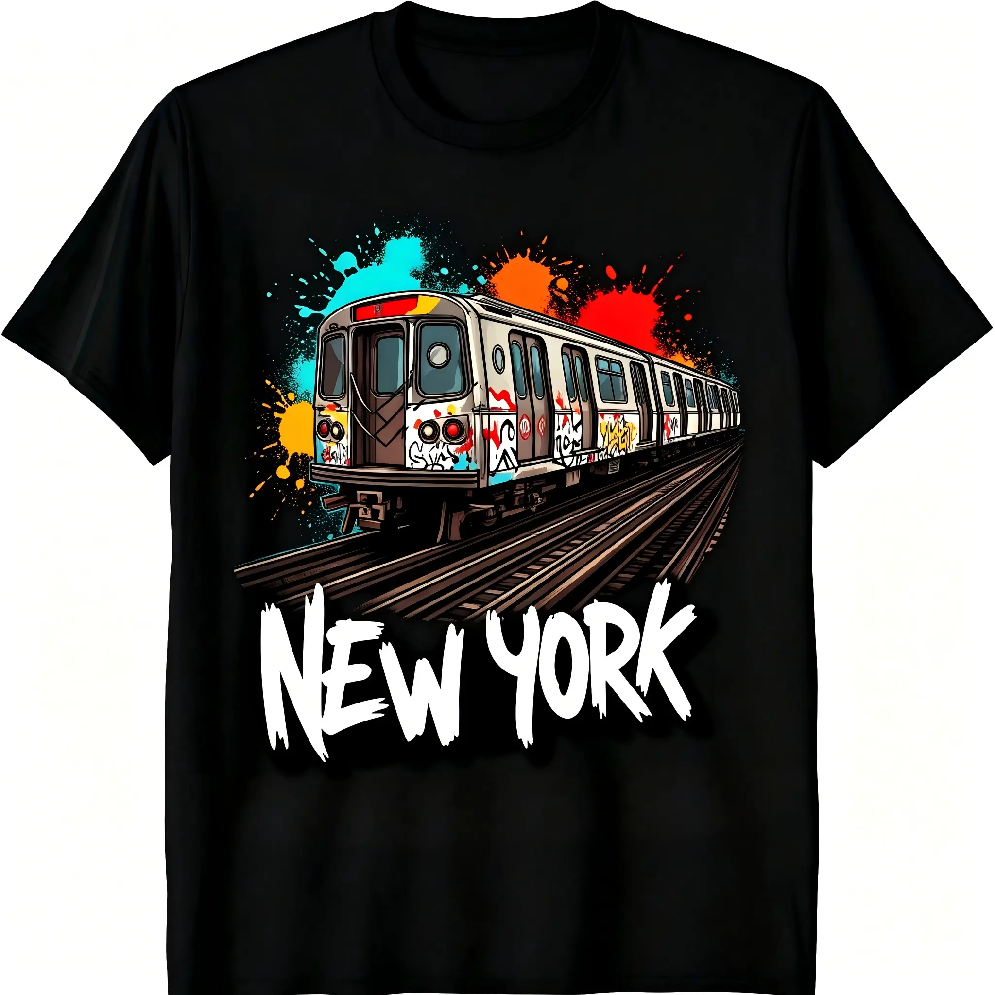 New York Graffiti Subway Train Street Art T-Shirt for Men & Women - Color Splash Paint Urban NYC Graphic, Soft Breathable Cotton Crew Neck Short Sleeve, All-Season Summer Spring Casual, Great NYC Souvenir & Streetwear Gift, Machine Washable,american