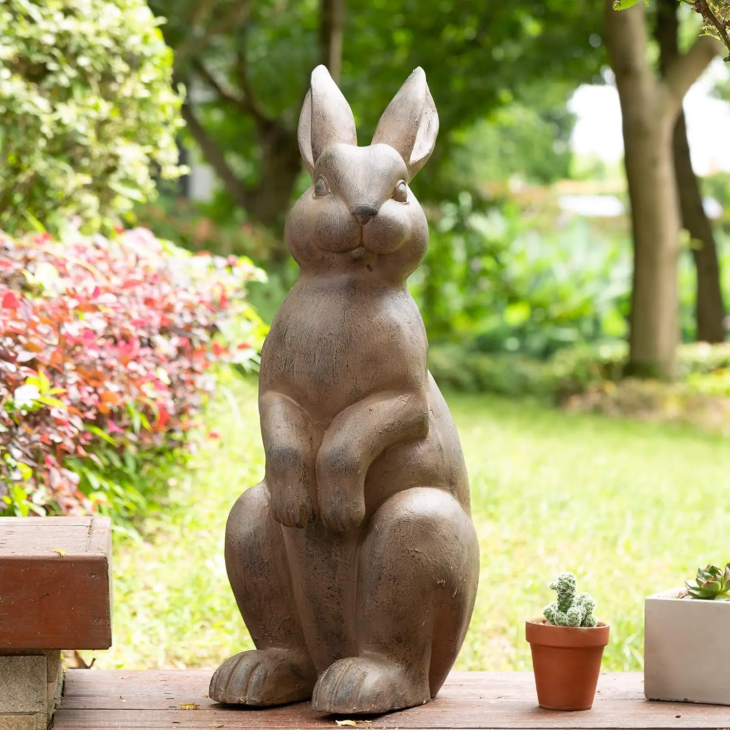 Rabbit Garden Statue Outdoor Standing Bunny Sculpture Lawn Decor, 22.75 Inch, Bronze