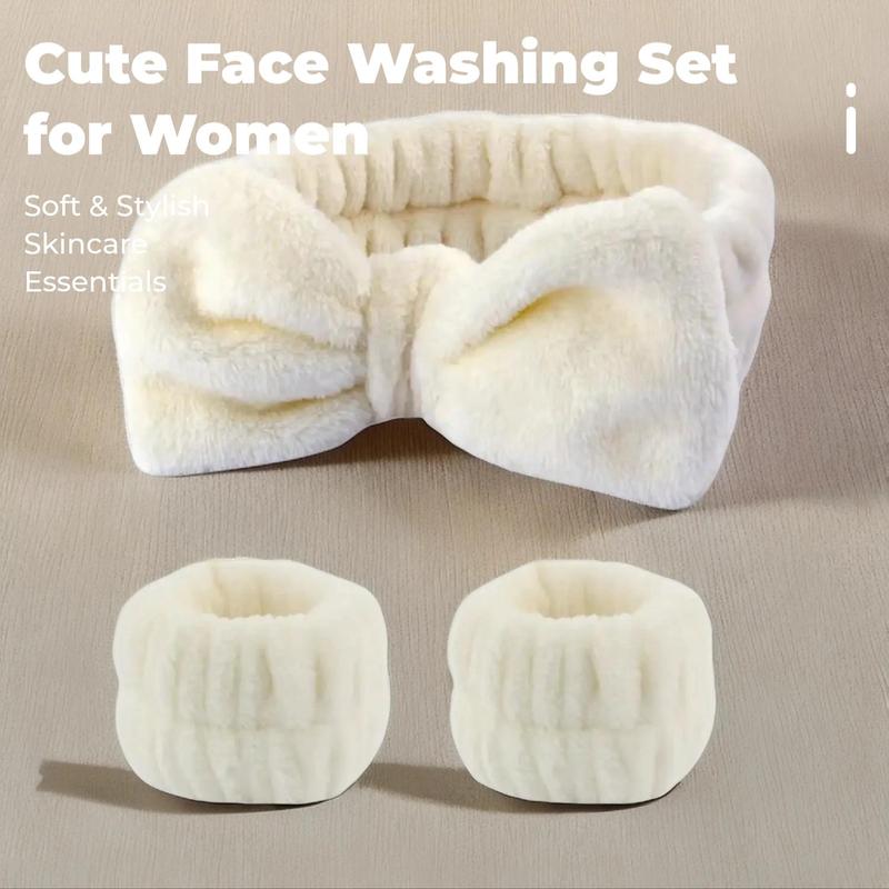 Cute Facial Washing Accessories for Women & Girls, 1 Count Bowknot Decor Headband & 2 Counts Wrist Bands, Soft Face Washing Band for Daily Use, Skincare Tools