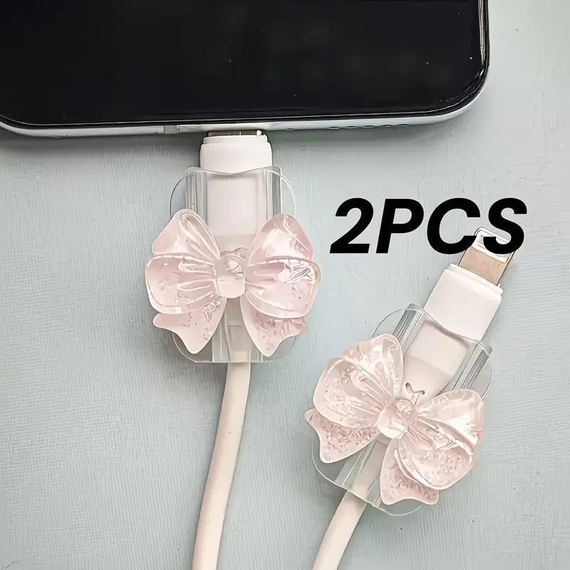 2-Piece Multi-Functional Pink Bow Cable Protector for iPhone/Type-C - Anti-Break, Durable & Super Cute with Adorable Plastic Bow Accessories