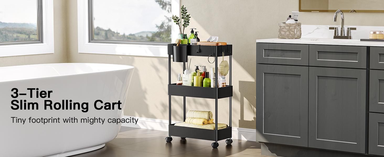 Slim Storage Cart with Wheels - 3 Tier Bathroom Organizers and Storage Cart - Rolling Carts for Bathroom, Kitchen, Narrow Space, Laundry Room,Black