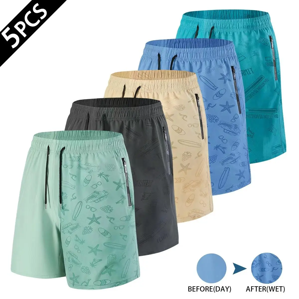 Men's 5-Pack Athletic Dry-Fit Quick Dry Swim Trunks - Polyester Synthetics, Water-Reactive Novelty Wave Print Reveal, Elastic Waist with Drawstring, Lightweight Breathable, Zipper Pockets, for Swimming, Surfing