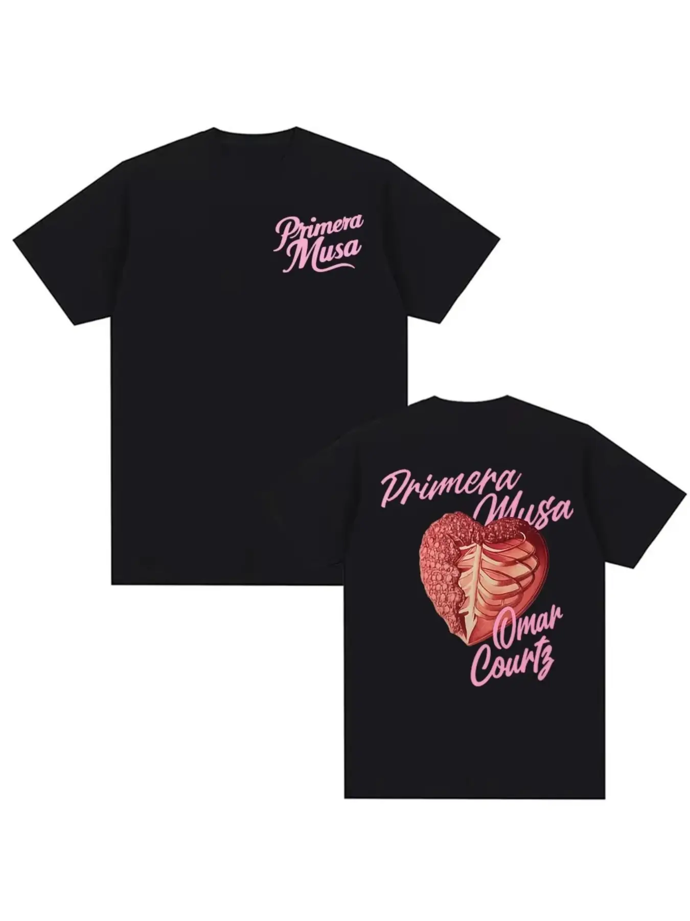 Unisex loose-fit short-sleeve T-shirt with double-sided print, premium breathable crew neck top. It features a black body adorned with a delicate cursive Primera Musa logo on the chest, an anatomical textured heart graphic and Omar Courtz font print on th