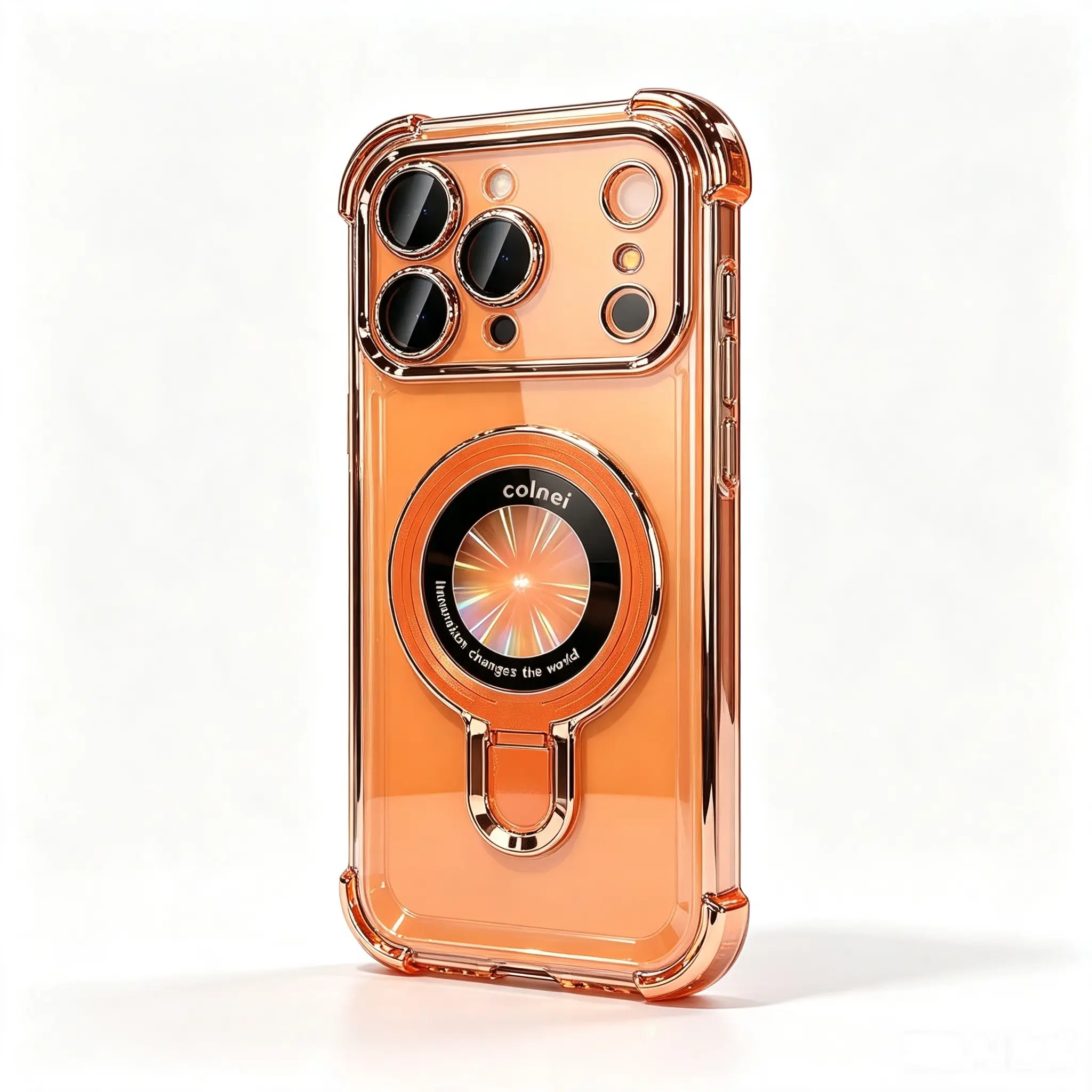 Electroplated Transparent Hard Plastic Acrylic Case for iPhone 17 Pro Max, 16, 15 - Foldable Metal DIY Magnetic Stand, 4 Airbag Shockproof Corners, Lens Protector, Wireless Protection Mobile Phone Accessory, Durable