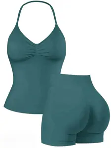 Women's All-Season Sporty Yoga Set, Halter Top and High-Waisted Shorts, Slimming Festival Wear, Perfect for Gym and Parties