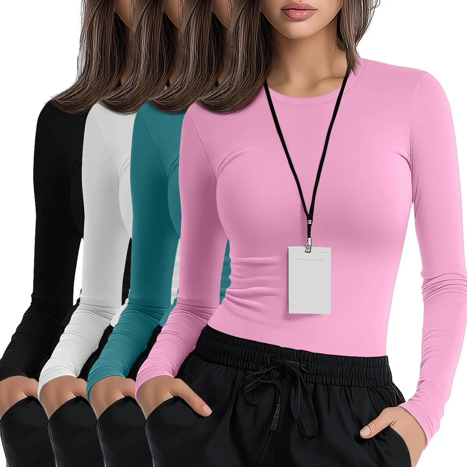 4 Pack Women's Underscrub Shirts | Nurse Undershirts, Long Sleeve, Crewneck, Slim Fit, Soft Stretchy, Basic Tee, Work, Clinic