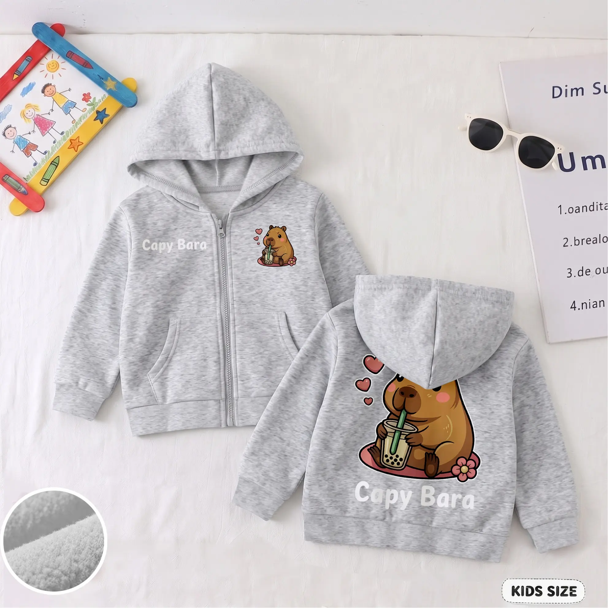 Kids Cute Capybara Graphic Zip Up Hoodie, Cartoon Animal Print Sweatshirt Jacket, Soft Warm Casual Outfit for Fall Winter