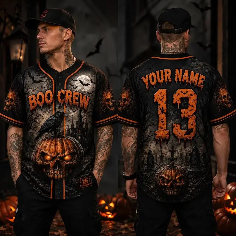 Personalized Halloween Horror Baseball Jersey - Skull Print, Button Front, Short Sleeve, Regular Cut, Multi-Size Gothic Ghost Pumpkin Shirt for Family Halloween Party#TikTokMadeMeBuyIt#CustomPrintJersey#HalloweenPartyEssential