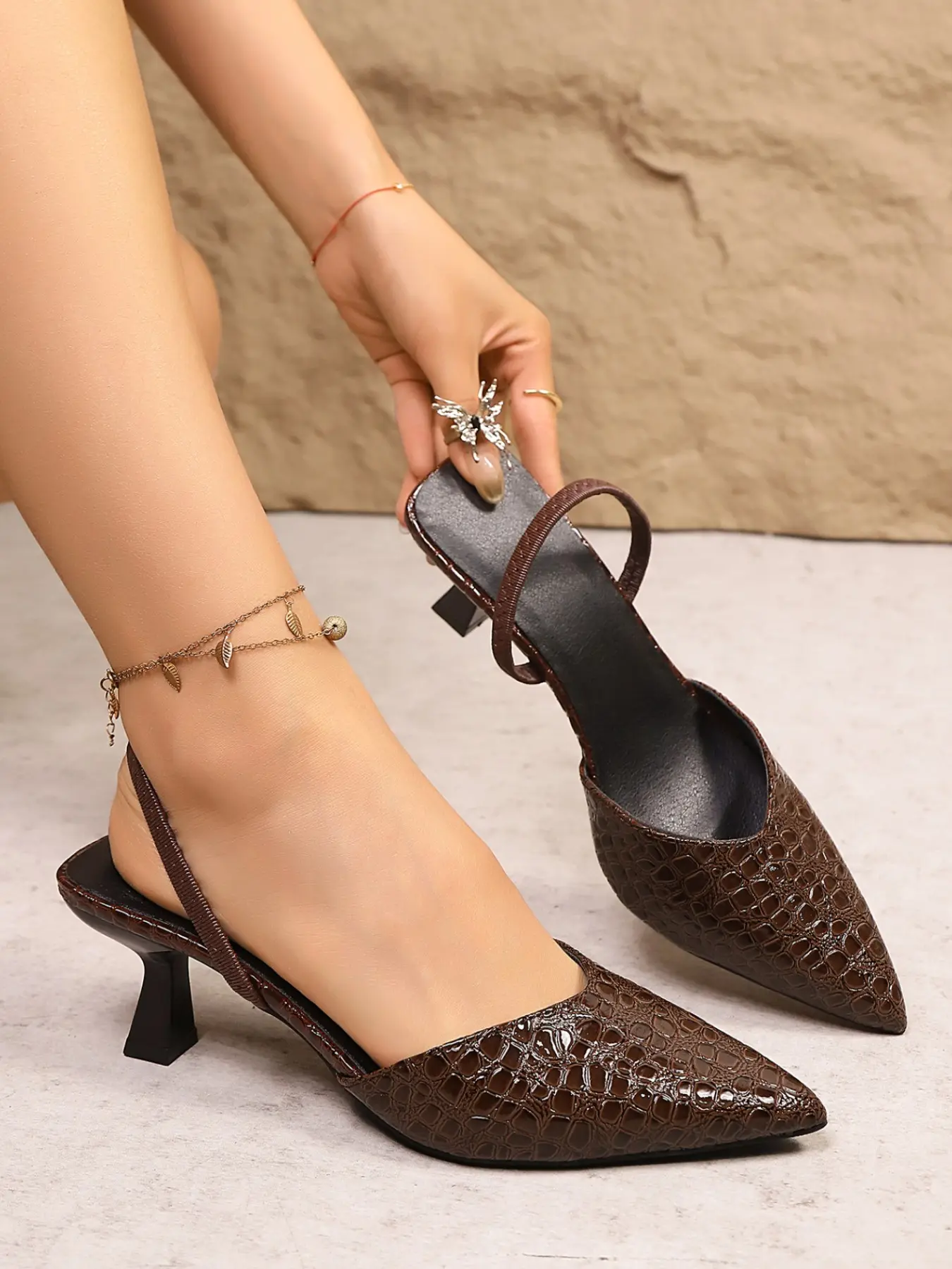 Women Croc Embossed Pointed Toe Slingback Heels, Kitten Heel Back Strap Pumps, Elegant Daily Formal Dress Shoes
