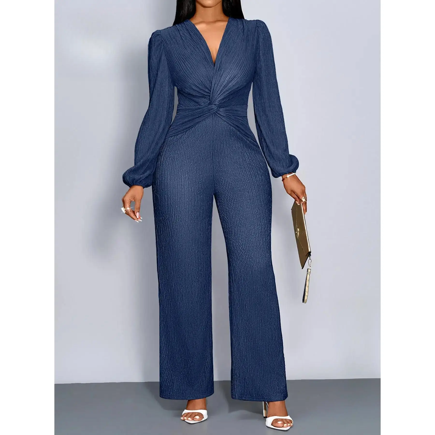 Jumpsuit For Women Autumn Sexy Elegant Chic Women's Jumpsuits, Deep V Neck High Waist Fit Twist Design Long Pants, Puff Sleeve Wide Leg Pants Jumpsuit ,All Seasons Causal Wear