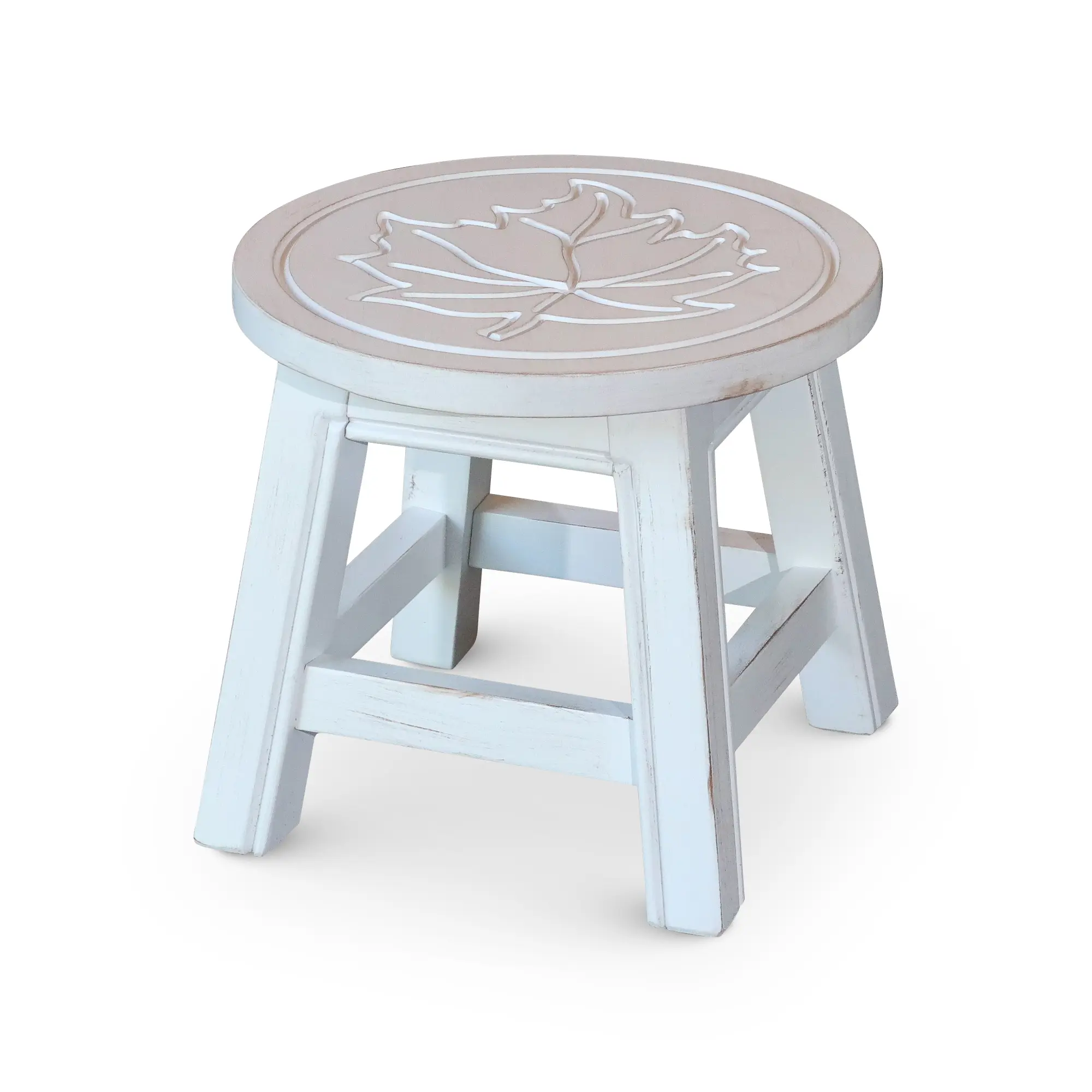 Nokaa Carved Wooden Step Stool Maple Leaf Antique White Rubberwood Foot Stool for Living Room Bedroom Kitchen Bathroom, Decorative Step Up Stool, Compact 10 Inch Height, Easy Carry Indoor Use