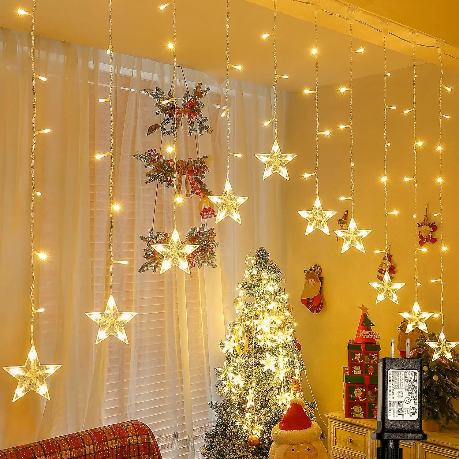 Christmas  Icicle Curtain Lights,118LED Warm White | Plug in,8 Modes Timer,Connectable, String Lights for Window,Bedroom,Wedding,Ramadan Decorations,Christmas Decor