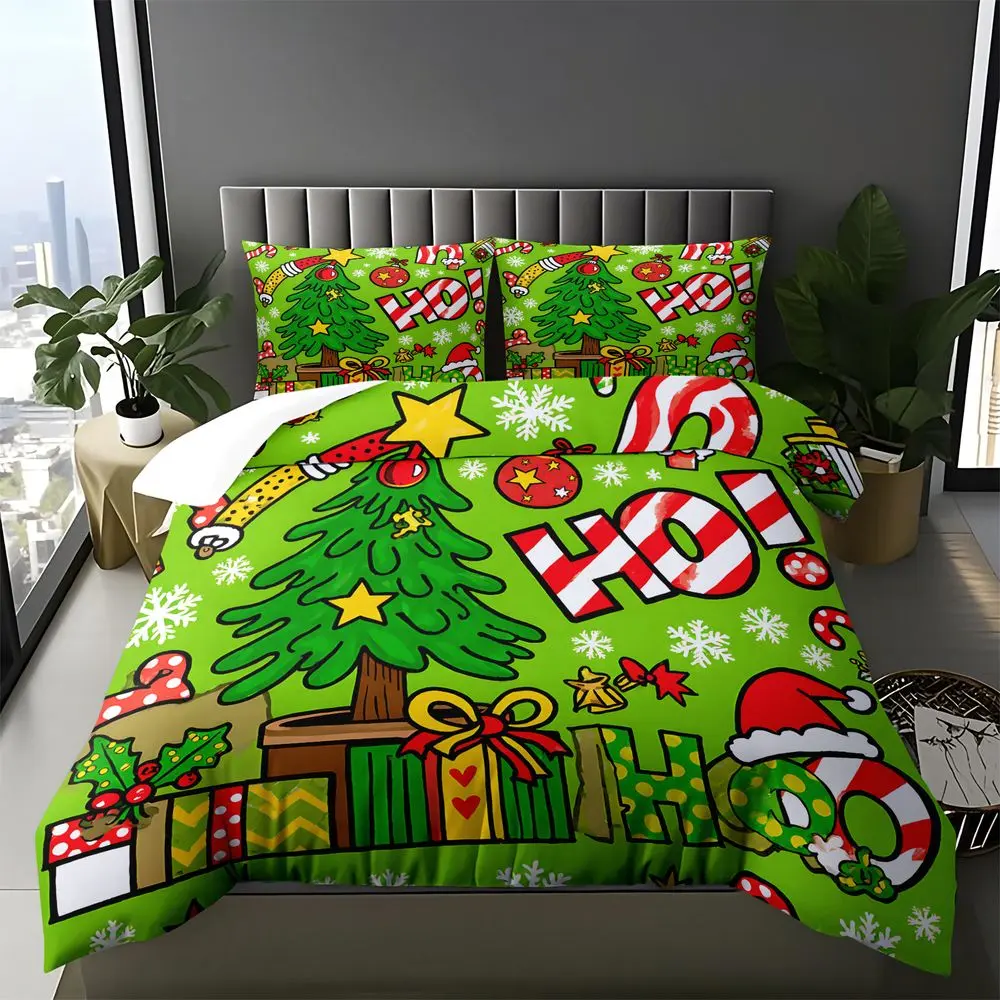 2/3Pcs Christmas Duvet Cover Set Green Holiday Bedding Set Cartoon Xmas Tree Pattern Soft Bedding Duvet Cover with Pillowcase for Kids Bedroom Festive Home Decor No Fillers