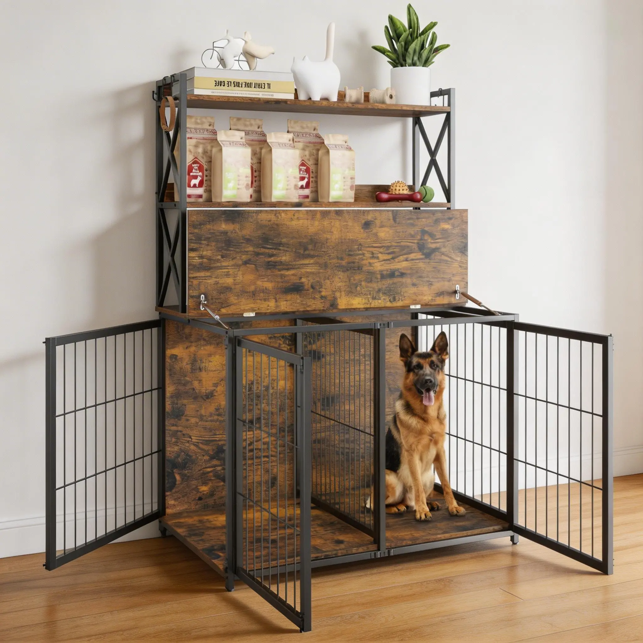 Large Dog Crate Furniture with Storage Shelves, XL Double Dog Kennel Indoor 64''h x 41''w, Escape Proof Dogs Cage for Small/Medium/Large Breed