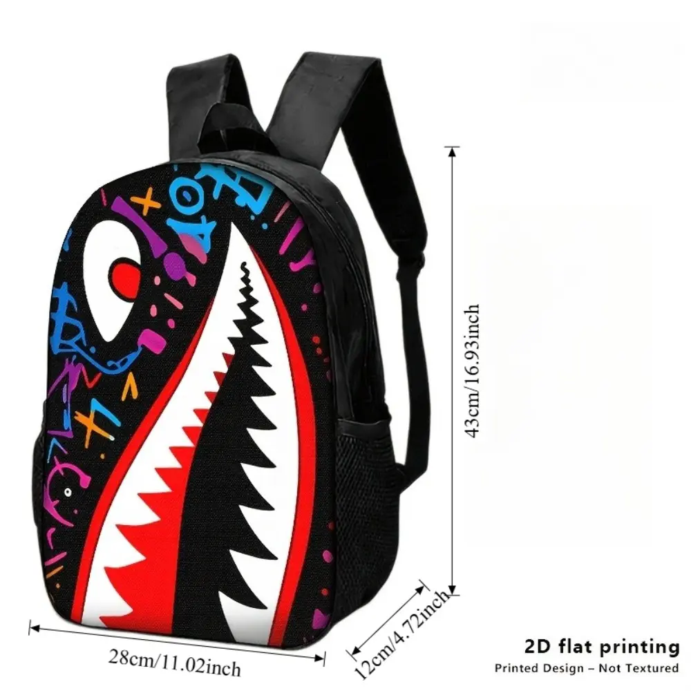 Stylish Black Polyester Waterproof Backpack with Bold Graffiti Art Gaping Toothy Maw & Colorful Numerical Symbols - Ideal for Teenagers, School Use & Commuting