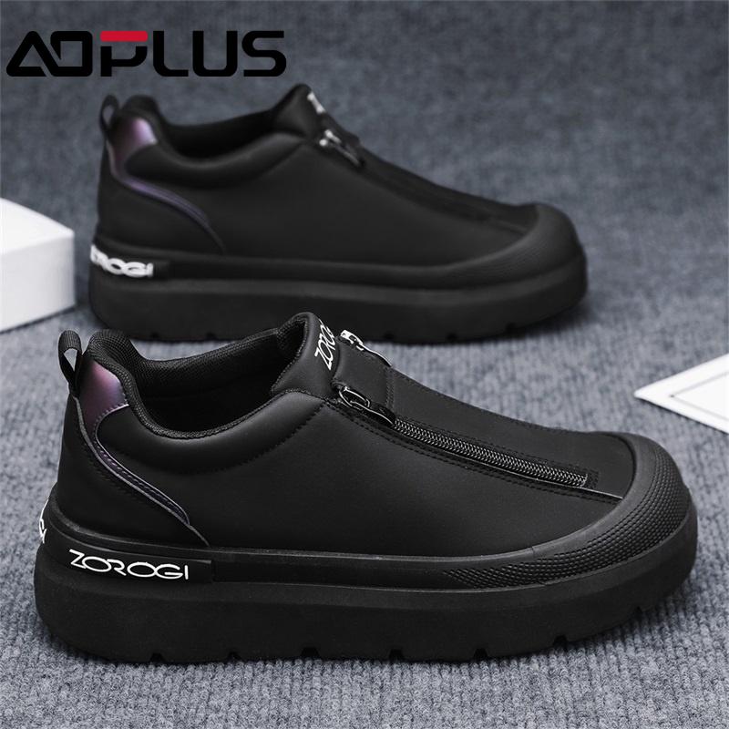 AOPLUS Men's Slip-On Sneakers – Stylish Black Zipper Shoes with Platform Sole