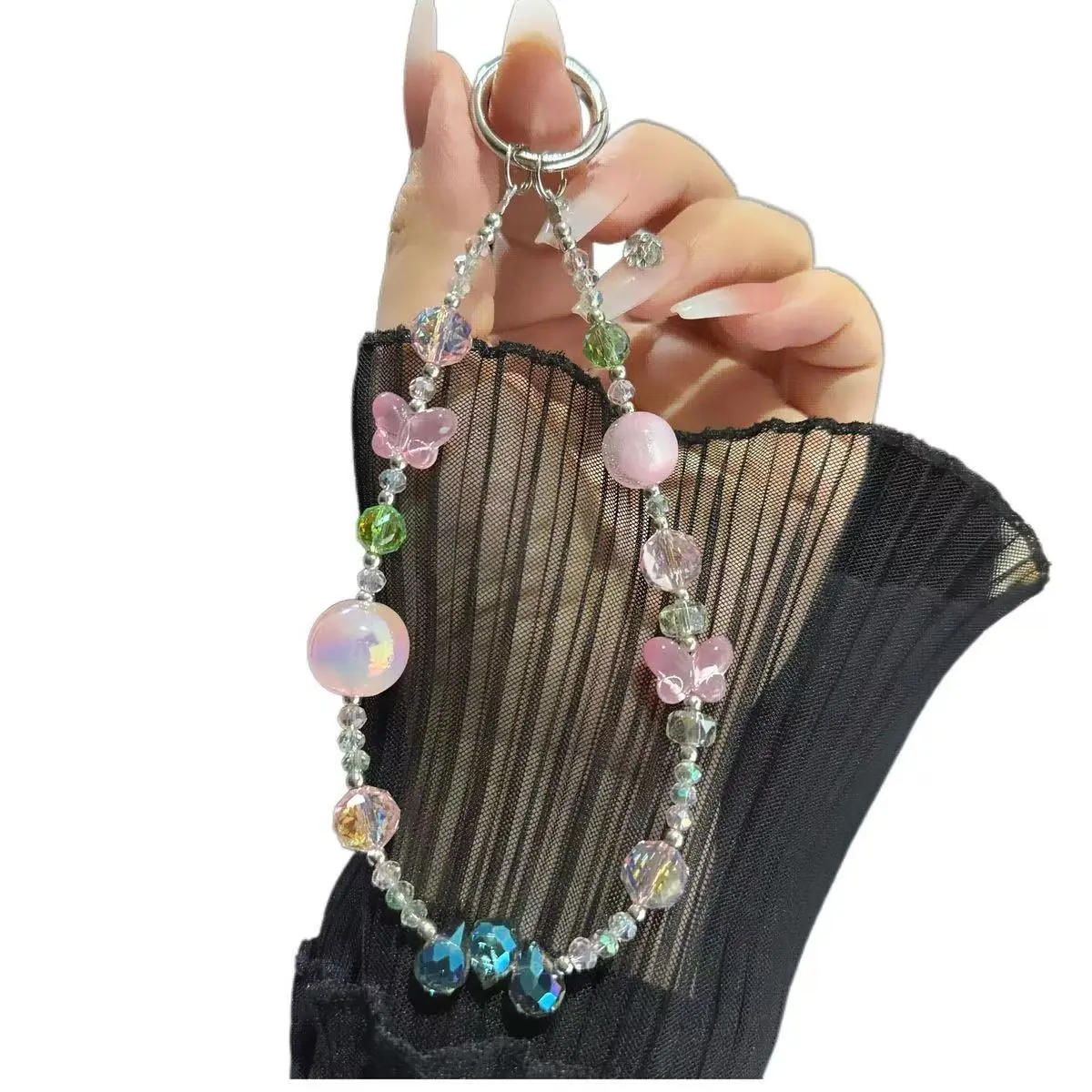Rainbow Crystal Pearl Butterfly Phone Charm, Glow-In-The-Dark Night Light Bead, Women's Style Phone Case Strap, Bag Pendant, Camera Lanyard, Wrist Chain
