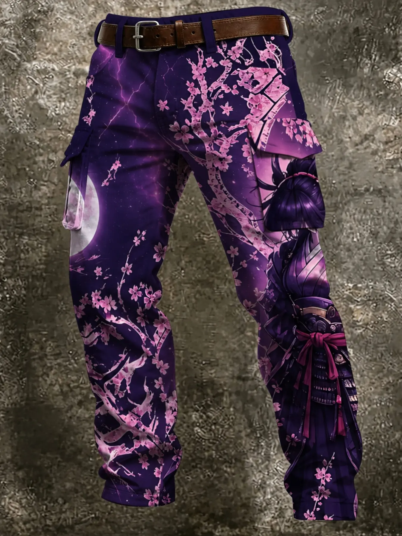 Star River Cherry Blossom Samurai Full Moon Flash Anime All over Print Cargo Pants, Japanese Style Streetwear Multi-Pocket Long Pants