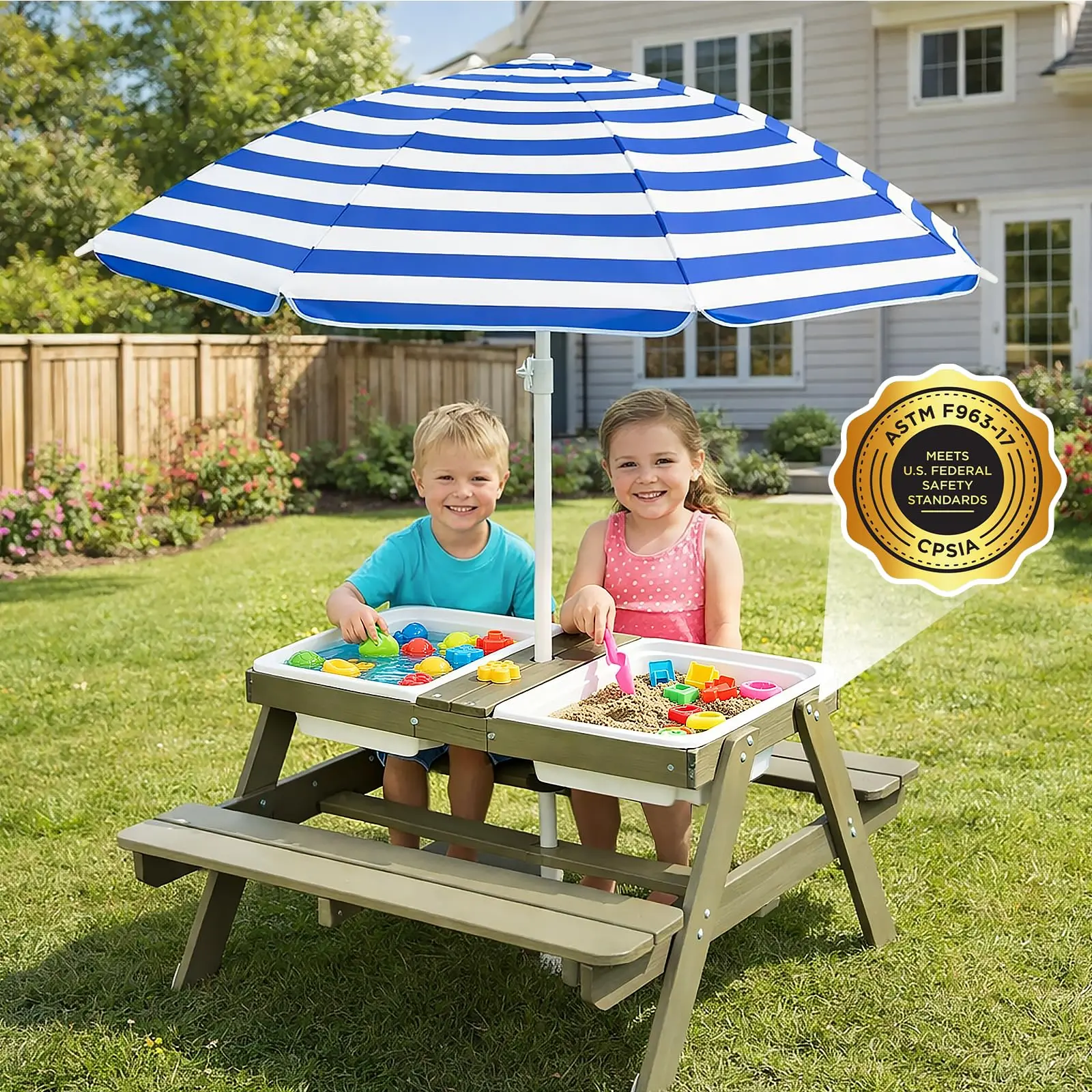 4-in-1 Kids Sand & Water Table, Wooden Outdoor Sensory Play & Picnic Table - 2 Covered Bins - Removable Weatherproof Umbrella - For Toddlers Boys & Girls - Blue & White