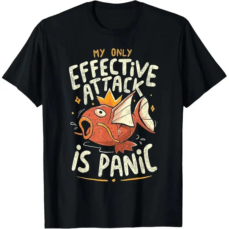 Unisex "My Only Effective Attack Is Panic" T-Shirt Vintage Magikarp Design Pokemon Meme Graphic Tee Casual Crew Neck Top Retro Gamer Streetwear For Pokemon Fans, Nerds & Self Deprecating Humor Lovers
