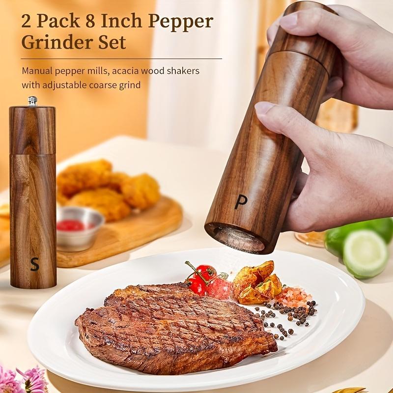 2/3pcs(2Grinder +base) Wooden Salt Pepper Grinder Set 8-Inch, Refillable Salt Pepper Mills Adjustable Coarseness, Acacia Wood Ceramic Core Manual Pepper Grinder, Kitchen Decor Dining ware Ideal Gift for Chefs, Perfect for Family BBQ Picnic Camping