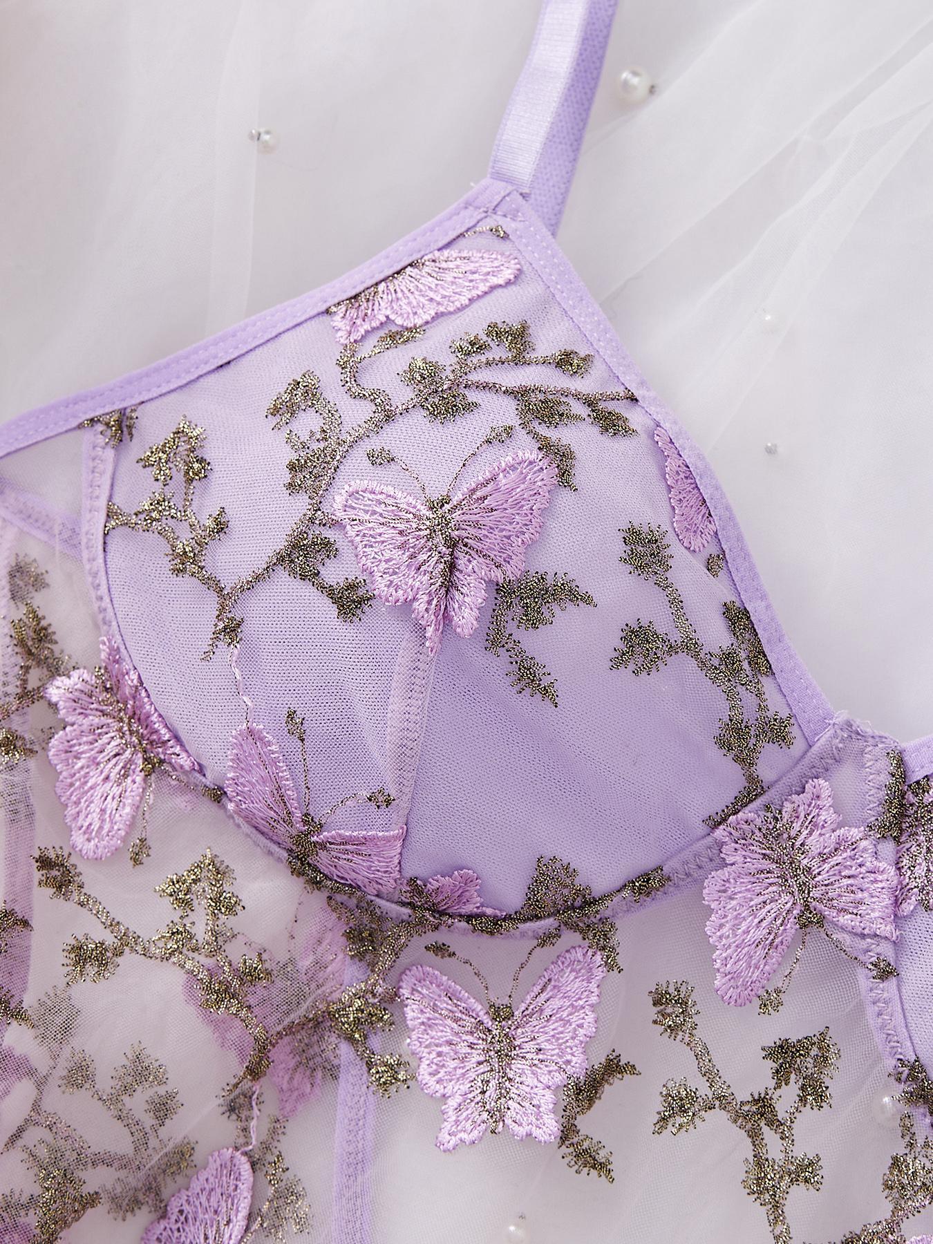 Women's Butterfly Embroidery Cami Nightdress & Thong Sexy Feminine Lingerie Set Underwear, Comfy Fitted Elegant Nighty Dress Set, Ladies Sleepwear for All Seasons